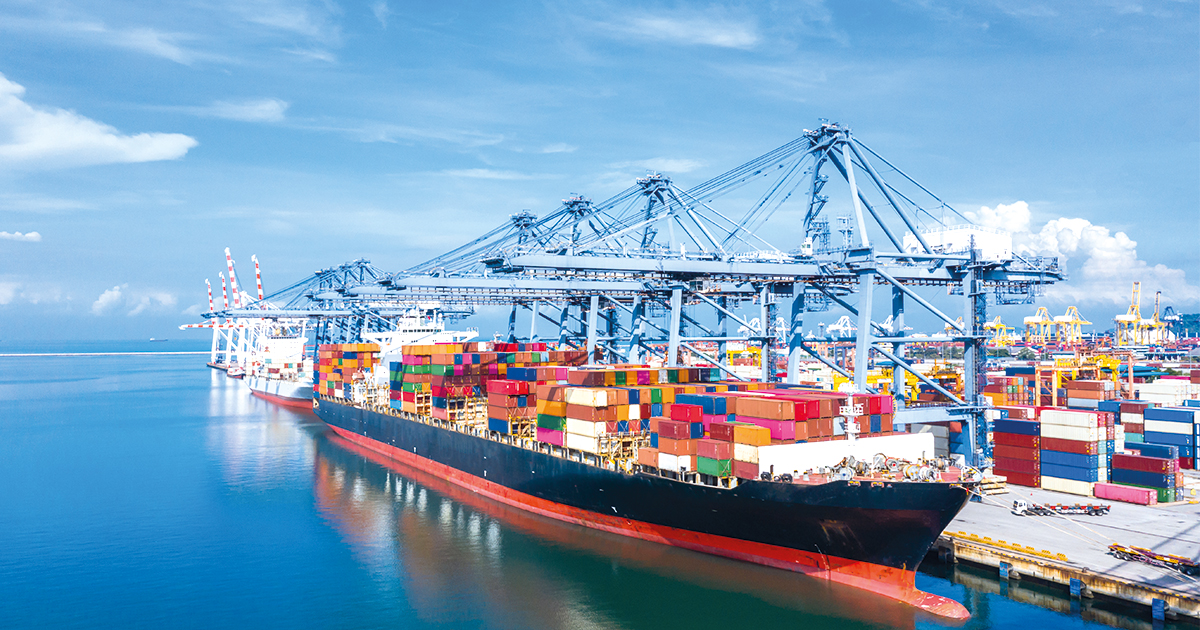 Cargo container ship with working crane bridge